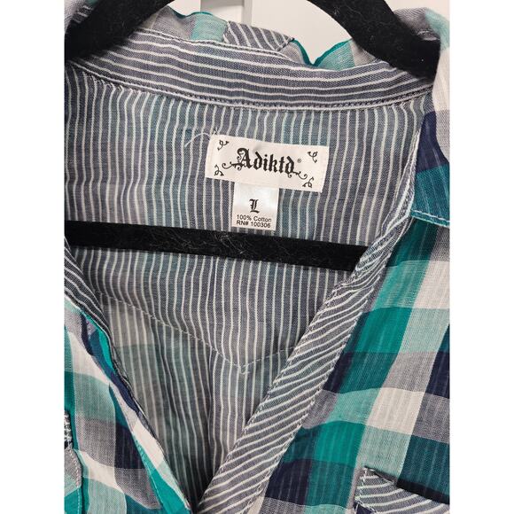 Adiktd Women's Green Black Fit Checkered Spread Plaid Collar Casual Shirt Size L - Picture 2 of 4